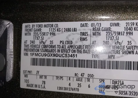 2013 Ford Escape Se z USA, uszkodzony, nr VIN 1FMCU9GX9DUC53451